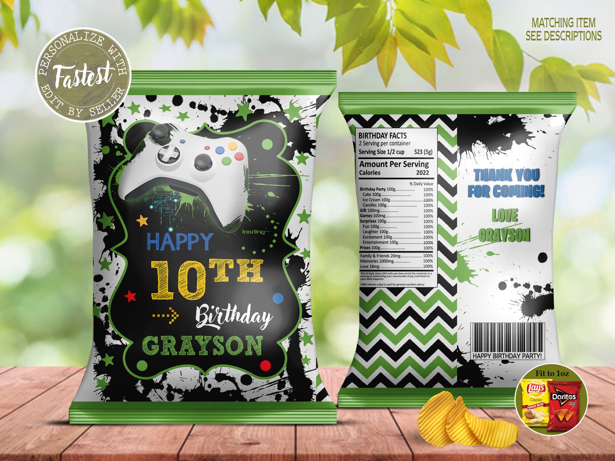 Video Game Birthday Chip Bag Labels, Game Birthday Party Favors, Digital