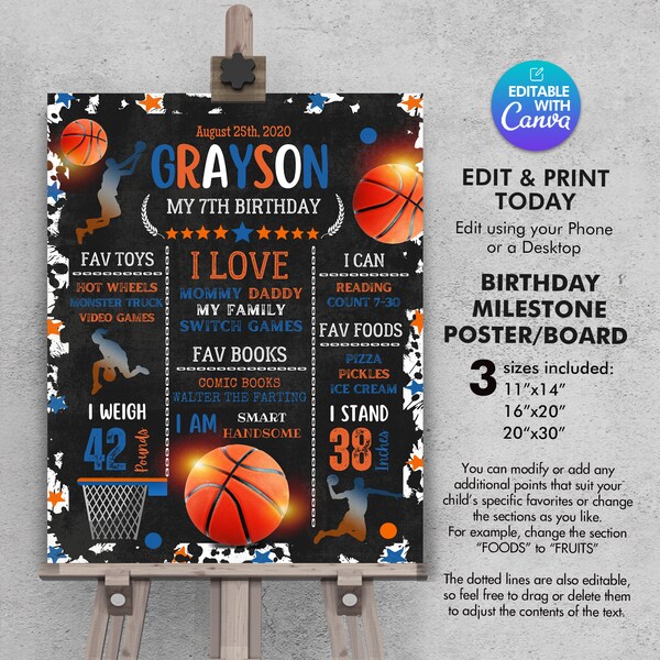 Basketball Birthday Poster, Milestone Chalkboard Sign, Editable Canva Template, Instant Download, Kids' Party Decor