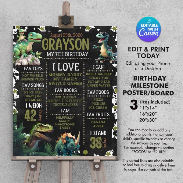Dinosaur Birthday Chalkboard Sign, Editable Canva Template, Instant Download, Kids' Party Decor