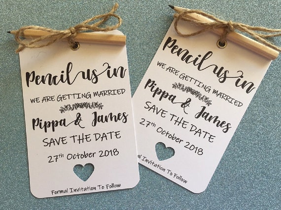 60 Pencil Us in Save The Date Personalised Magnetic Brown Kraft Wedding Invitations Tags Cards /& Envelopes Qtys 10-100