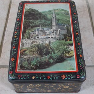 Vintage french candy biscuits Lourdes Advertising tin box France sweet old