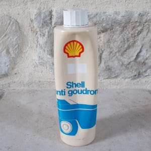 Ancien Bidon d'Huile Shell Anti Goudron France Vintage oil can vtg blanc bleu