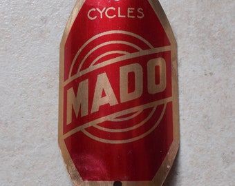 Vintage Cycles MADO Bicycle Head Badge white Antique Bike old France red