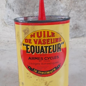 Antique EQUATEUR Oil can Oiler tin old vintage France yellow canister vtg
