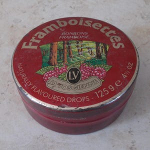 Scatola di latta vintage per caramelle al lampone, pasticceria La Vosgienne, anni '80.