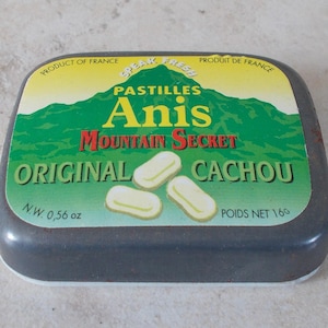 Antique candy tin box Mountain Secret ANIS vintage sweet France container