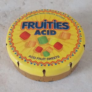 Antique candy tin box FRUITIES ACID vintage sweet France container yellow vtg