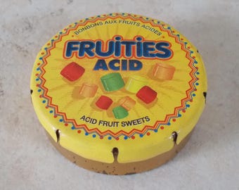 Alte Metalldose Süßigkeiten FRUITIES ACID Süßwaren Frankreich Gelb Vintage