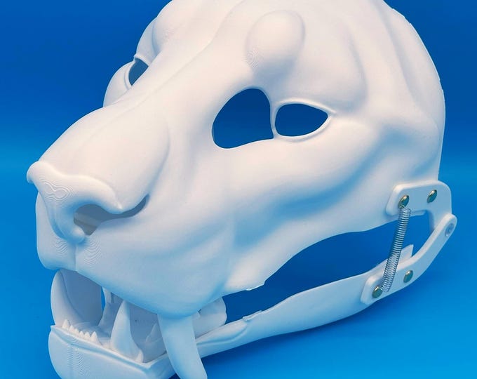 Smilodon / Sabertooth Fursuit Head Base – Realistic 3D Printed, Moving Jaw, Installed Hinges, Pre-Cut