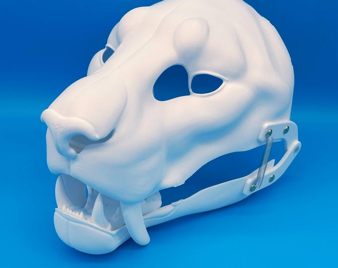 Smilodon / Sabertooth Fursuit Head Base – Realistic 3D Printed, Moving Jaw, Installed Hinges, Pre-Cut