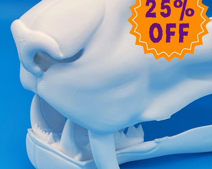 Smilodon / Sabertooth Fursuit Head Base – Realistic 3D Printed, Moving Jaw, Installed Hinges, Pre-Cut