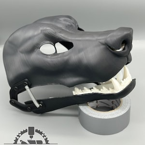 Close-up on sturdy 3D printed wolf head, premium detail, the best fursuit base on Etsy