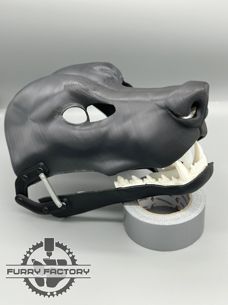 Close-up on sturdy 3D printed wolf head, premium detail, the best fursuit base on Etsy