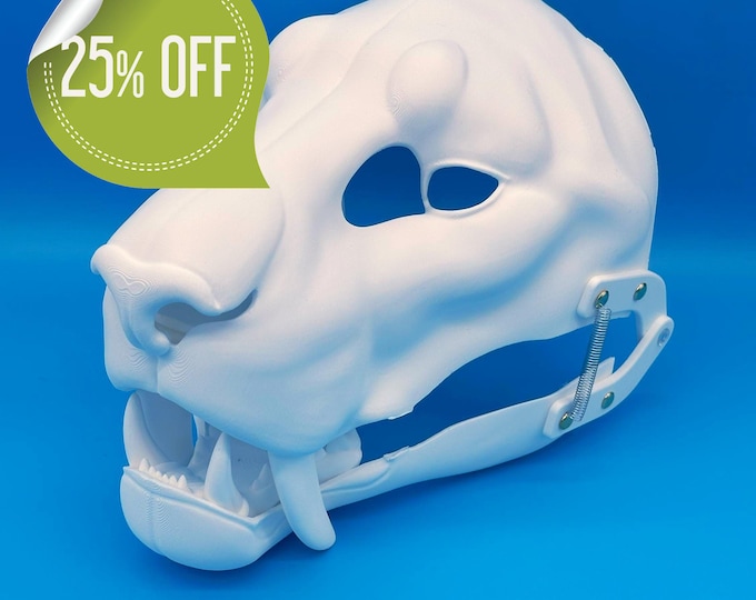 Smilodon / Sabertooth Fursuit Head Base – Realistic 3D Printed, Moving Jaw, Installed Hinges, Pre-Cut