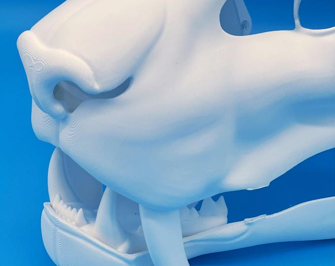 Smilodon / Sabertooth Fursuit Head Base – Realistic 3D Printed, Moving Jaw, Installed Hinges, Pre-Cut