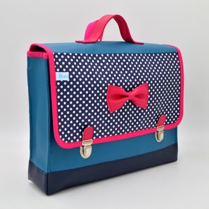 Cartable maternelle pour format A4- Simili cuir et toile cirée à pois-