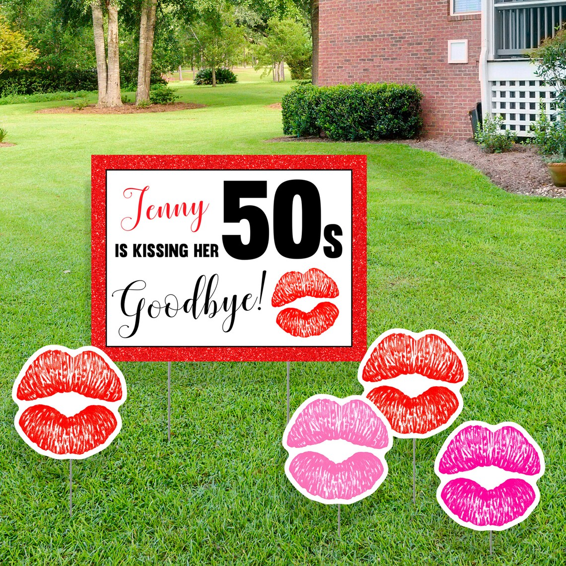 50th Birthday Yard Lawn Sign, Customize Wording, Red or Pink Glitter