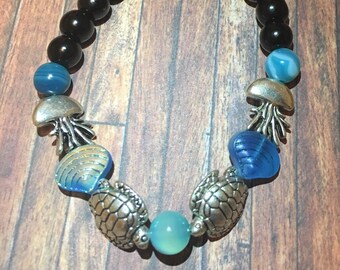 Antique Silver Turtle and Jellyfish Beaded Bracelet