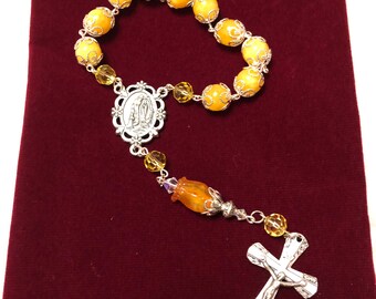 Silver Single Decade, Yellow jade beads with silver filigree and Lampwork Rose Rosary - 1 decade - Pocket rosary