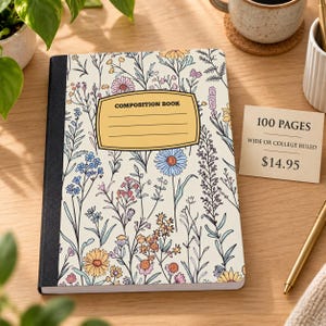 May include: A composition book with a cream-colored cover featuring a black-lined botanical pattern of various wildflowers in shades of blue, yellow, and pink. The book has a black spine and a central yellow label with the text COMPOSITION BOOK.