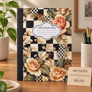 May include: A composition book featuring a black and white checkered pattern overlaid with illustrations of peach and cream-colored roses and green leaves. A white label in the center displays the text COMPOSITION BOOK with three horizontal lines.