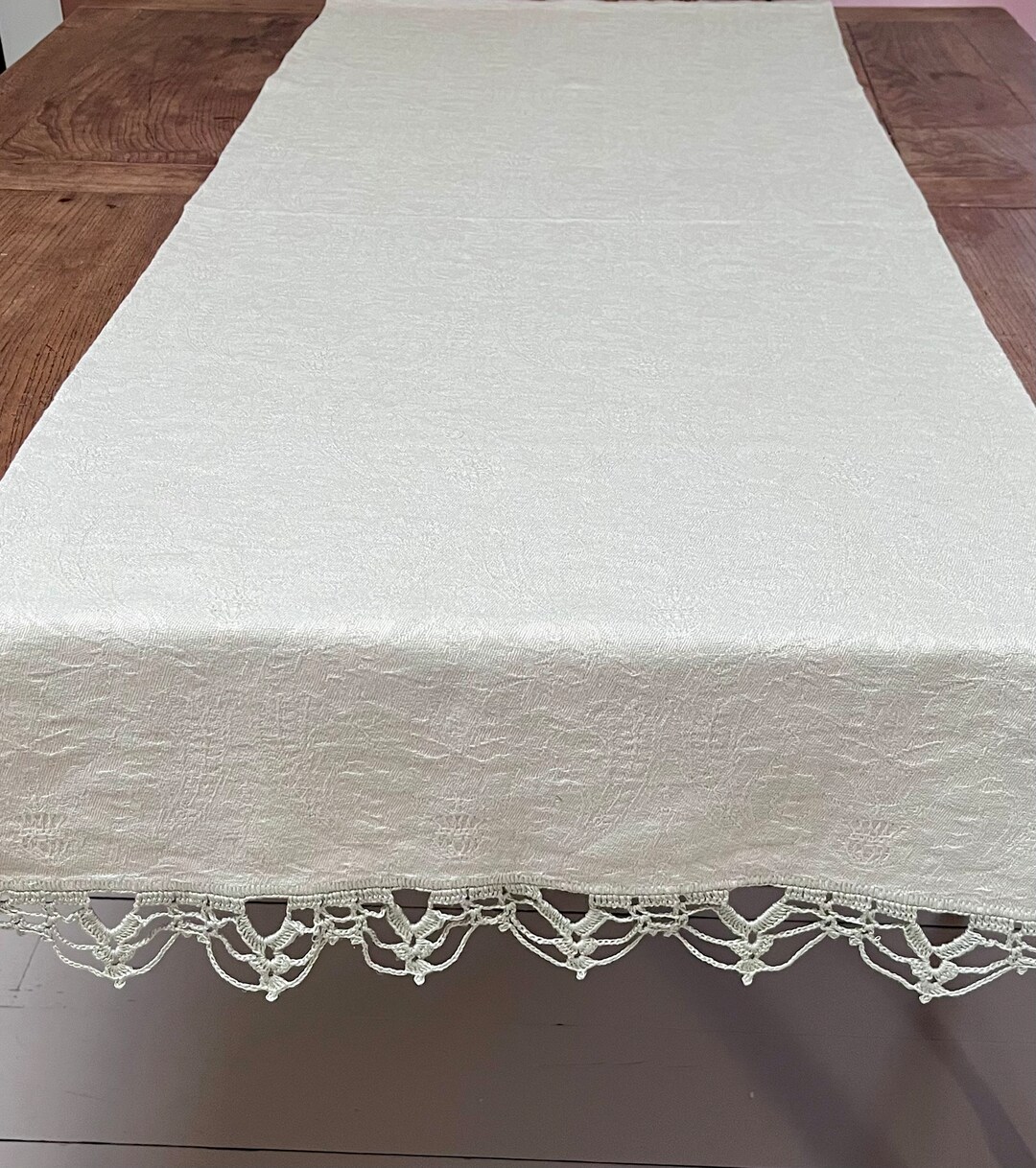 Busatti Fabric Linen Blend Runner Centerpiece With Aqua Green Lace ...
