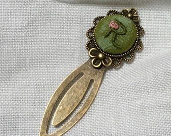 Personalized Bookmark, bronze bookmark with hand-embroidered Initial