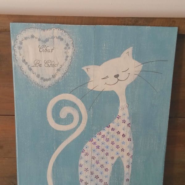 Tableau en bois patiné esprit shabby chic / illustration de chat peinte à la main