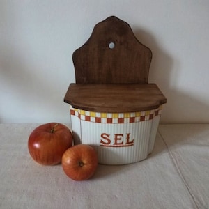 Large vintage ceramic and wood salt box / vintage kitchen decor / French vintage / antique salt box