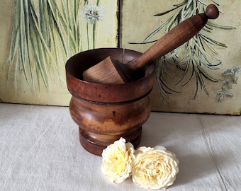 Vintage mortar and pestle / olive wood mortar and pestle set / vintage kitchen utensil