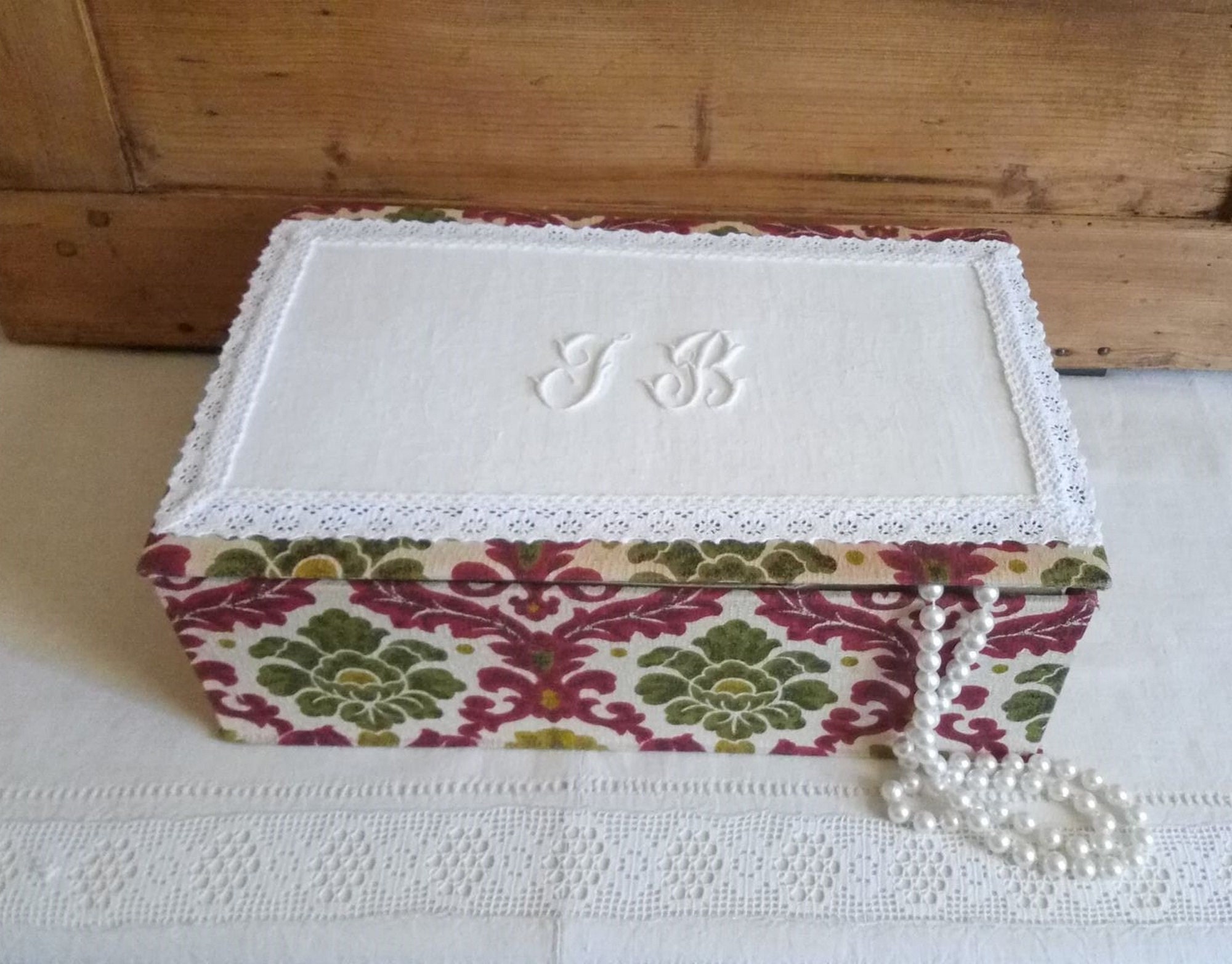 Boîte Ancienne Années 1950/Boîte Vintage en Tissu à Bijoux Antique French Fabric Box Couture Vintage