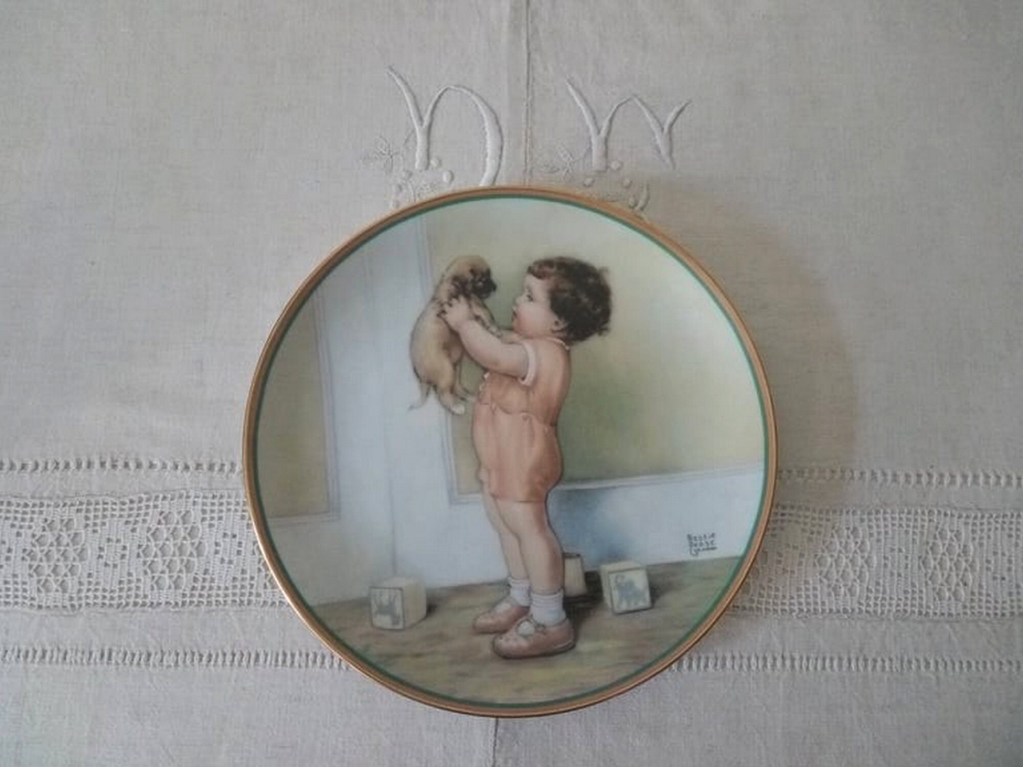 Assiette Vintage en Porcelaine/Assiette Ancienne Numérotée Décor Bessie Pease Gutmann Année 1986