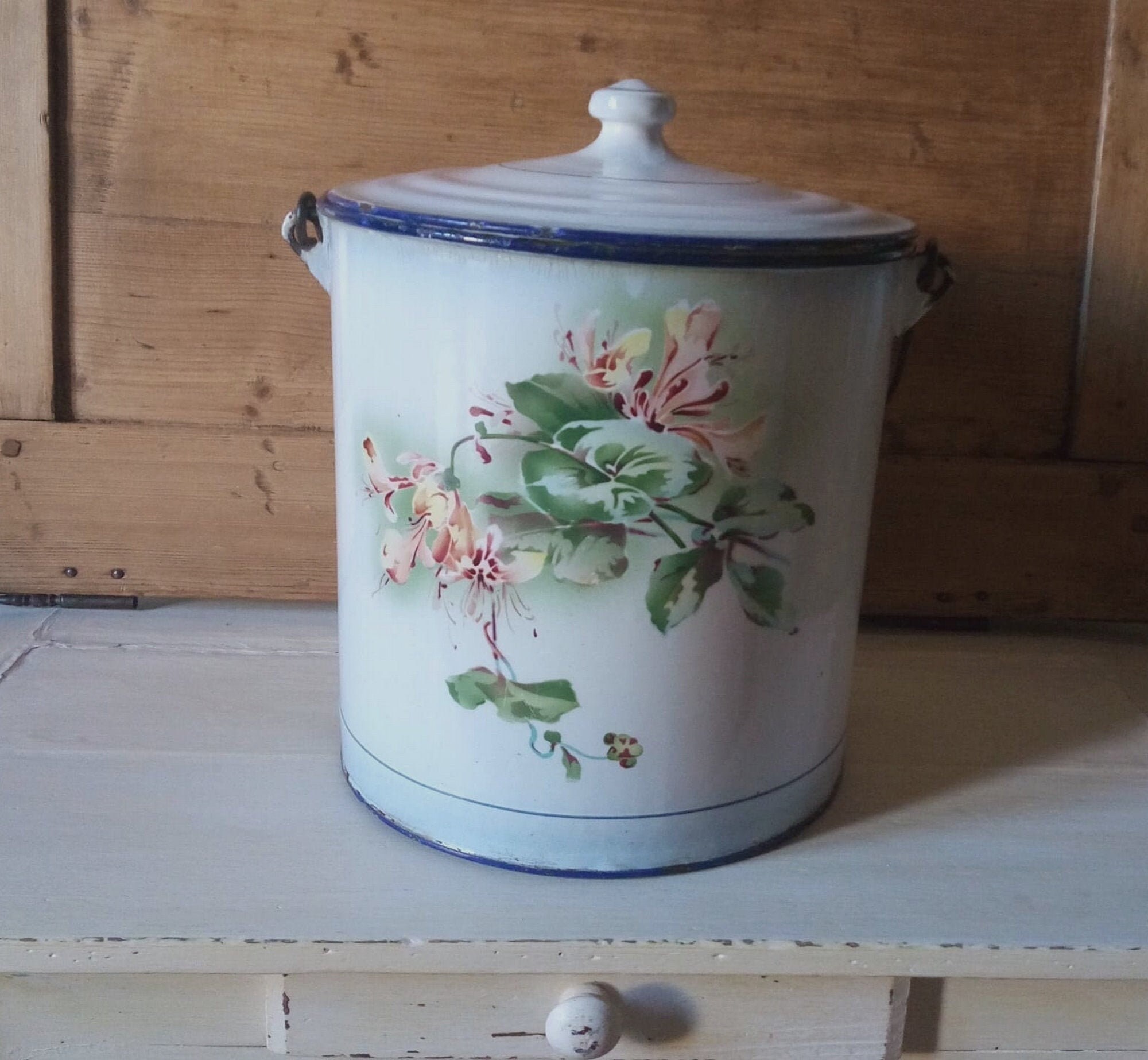 Ancien Seau Émaillé/Pot d'aisance Vintage Objet en Métal Décor Floral Français