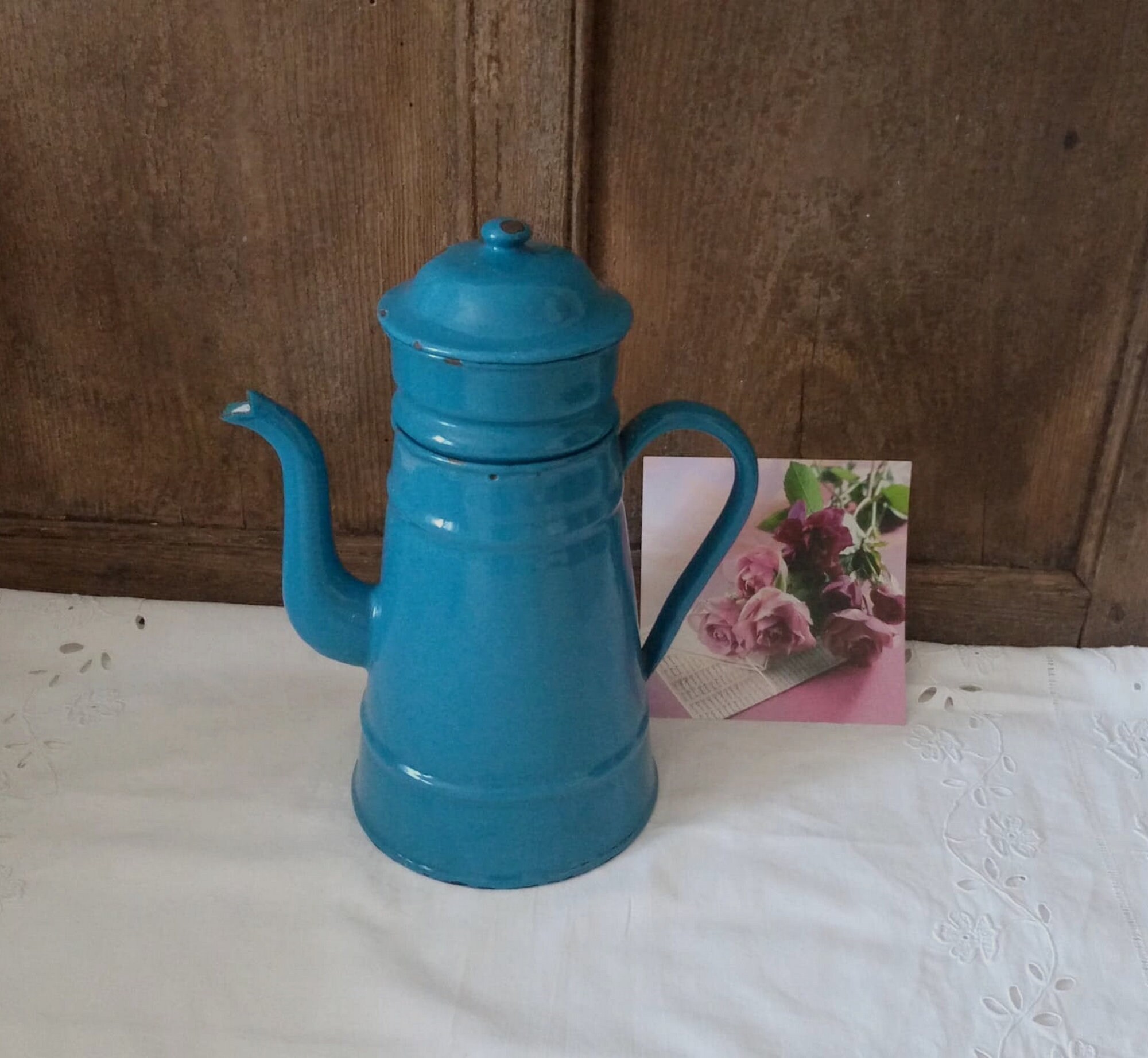 Cafetière Ancienne/Grande Cafetière Émaillée Bleue Vintage Enamel French Coffee Pot