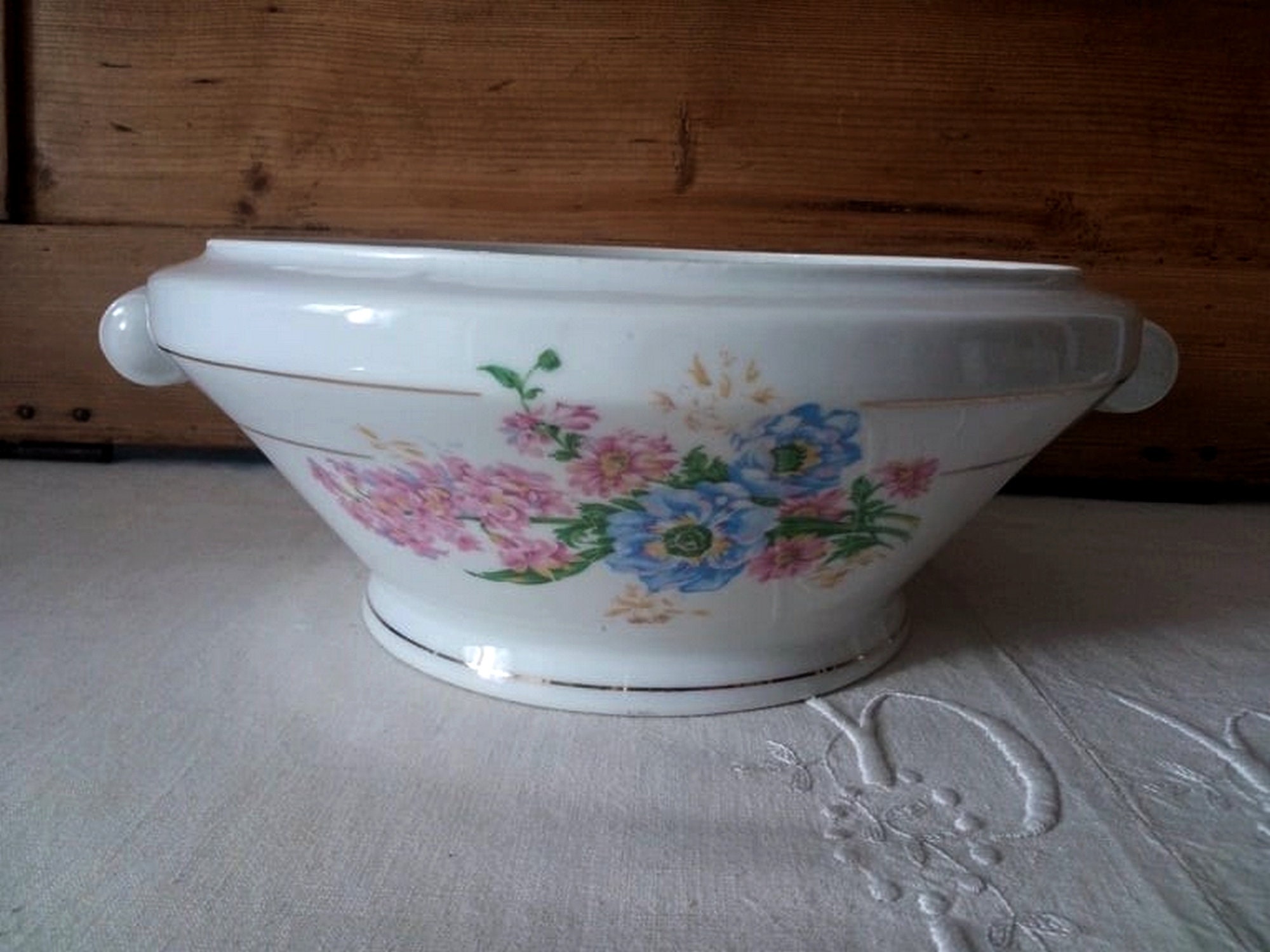 Compotier Vintage An Faïence/Coupe à Fruits Ancienne Français Compotier Décor de Jacinthes et Anémon