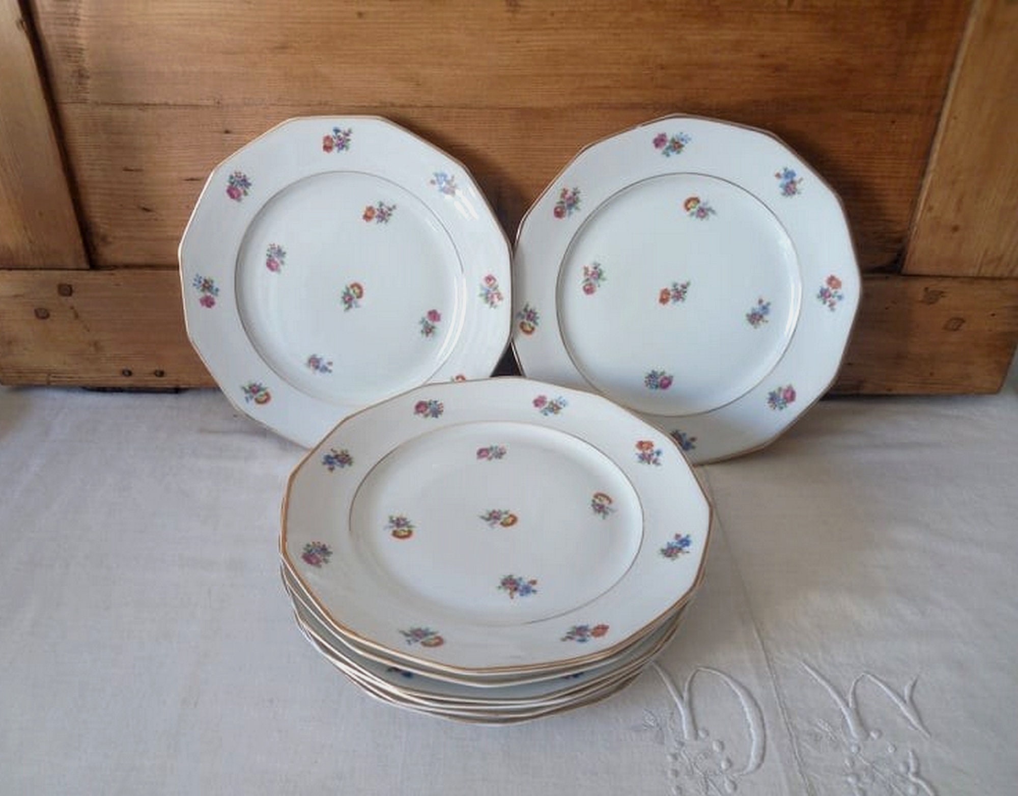 Lot de 8 Assiettes Plates Vintage/Anciennes en Semi Porcelaine Vaisselle Vintage