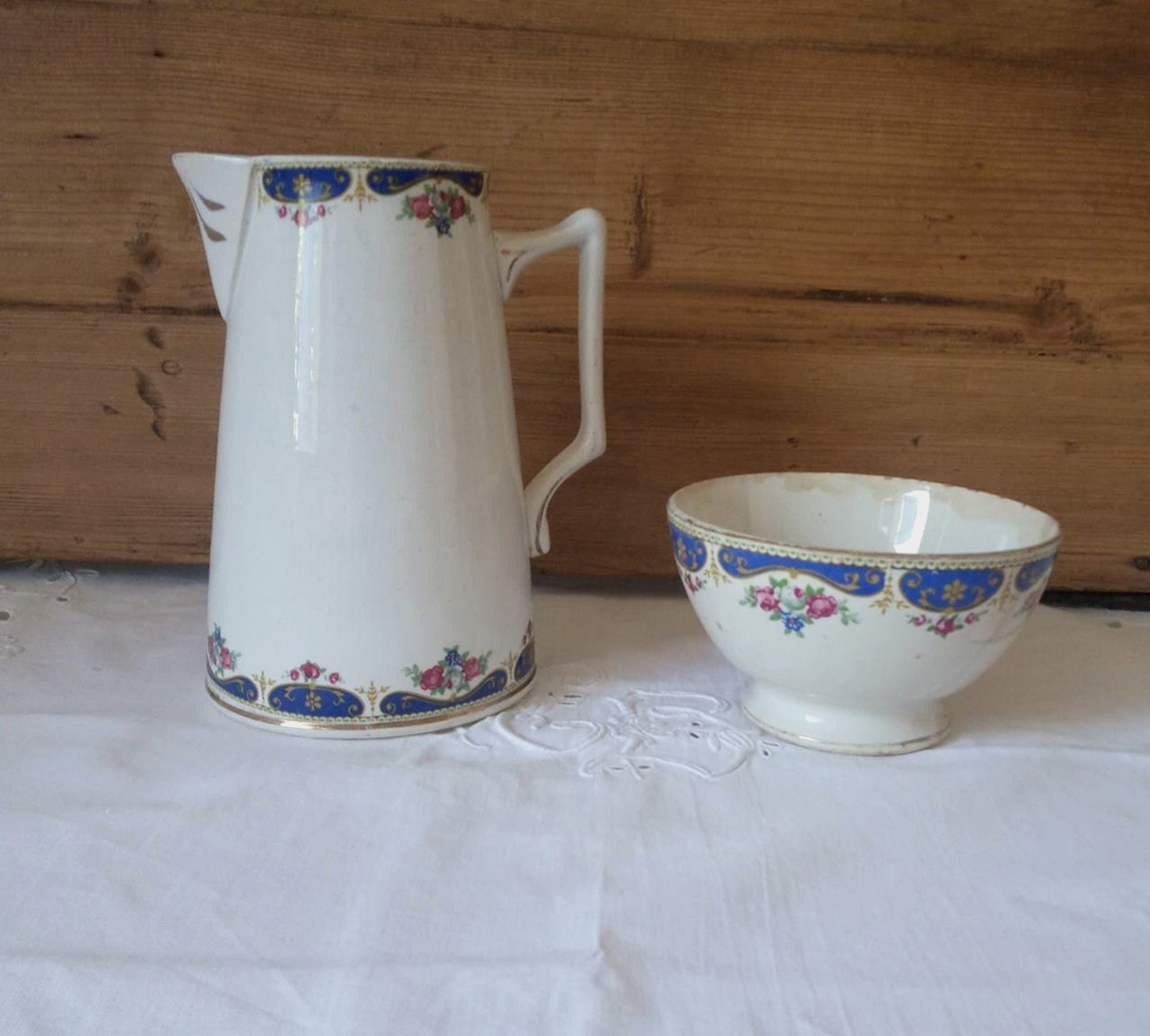 Pichet Vintage en Faïence Fine et Son Bol Assorti/Pied Douche Cafetière Pichet St Amand