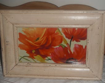 Painted wood frame clay, patinated and waxed with postcard decoration "coquelicots"