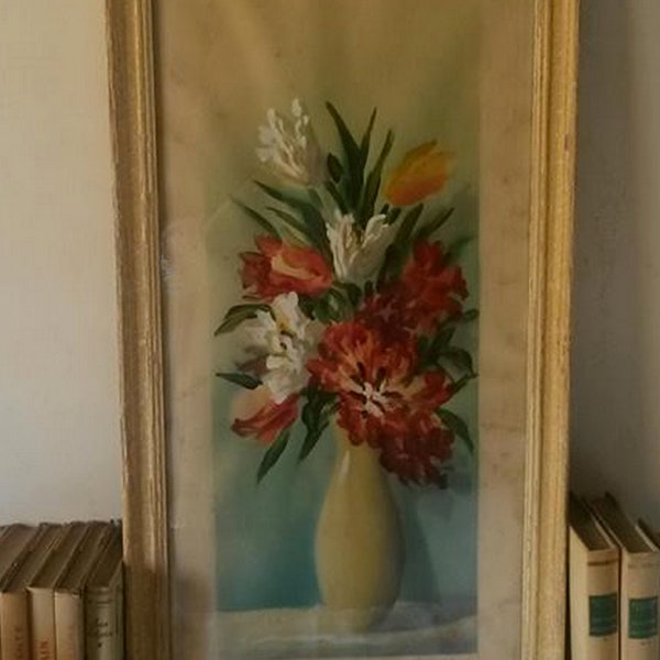 Tableau pastel et acrylique encadré et vitré / objet vintage des années 1950