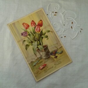 Old postcard / Tulip bouquet decoration / 1920s