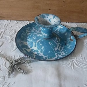 Vintage enameled metal candle holder / antique candle holder / blue marbled metal candle holder / antique cellar rat