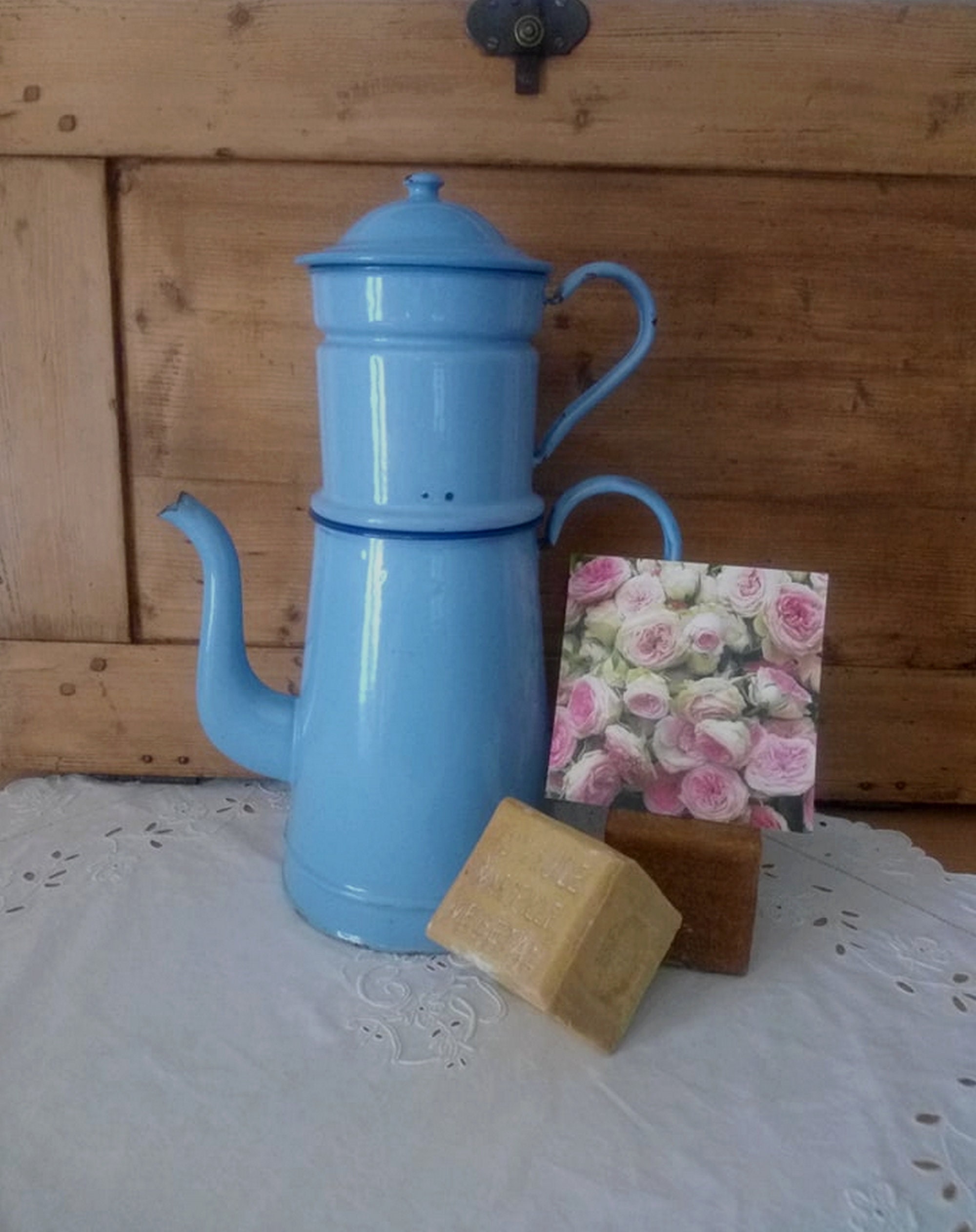Cafetière Ancienne Xxl/Grande Cafetière Émaillée Bleue Vintage Français Enamel French Coffee Pot