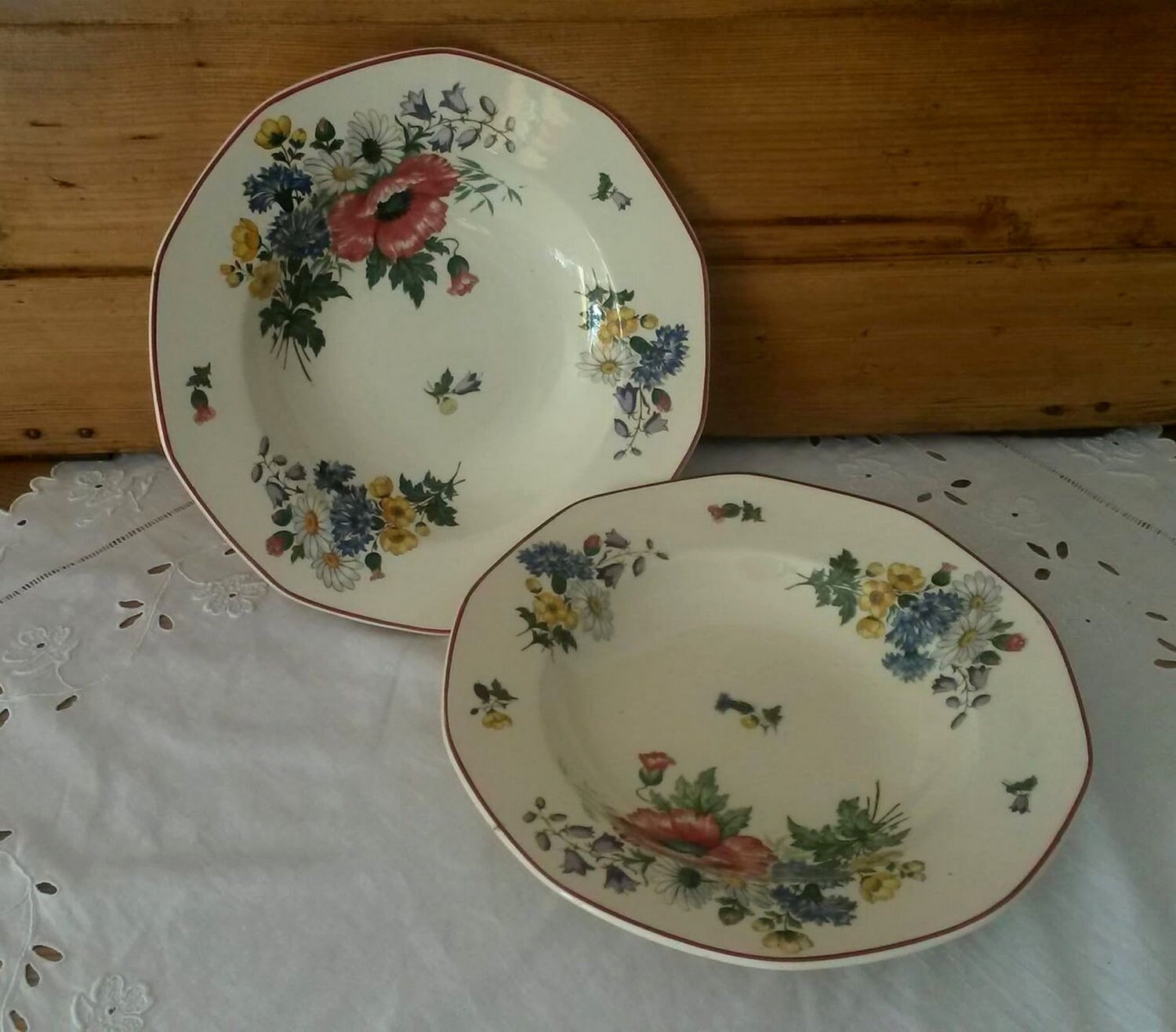 Lot de 2 Grandes Assiettes Creuses Anciennes en Faïence/Villeroy et Boch Décor Fleurs Des Champs Vin