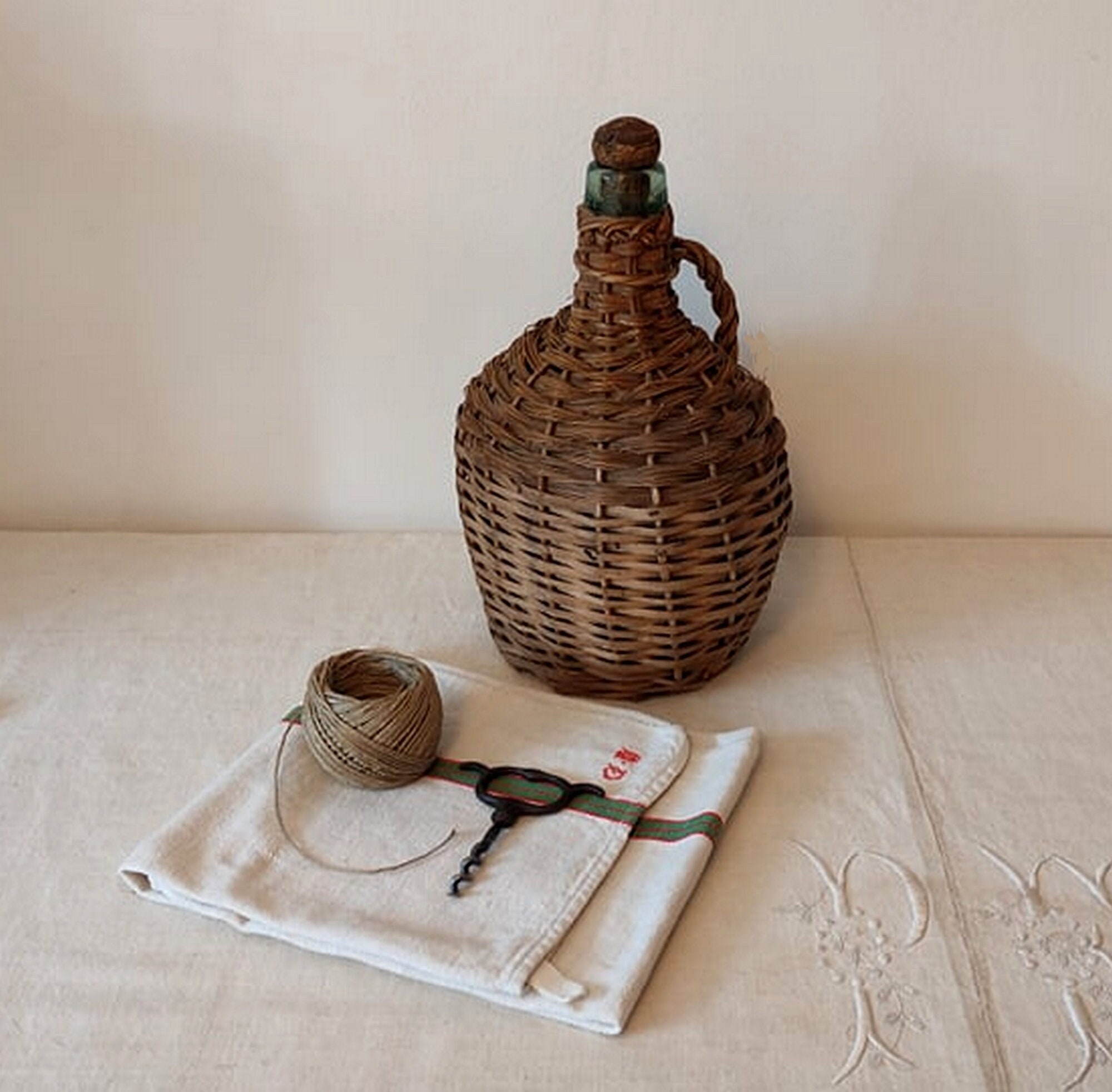 Bonbonne Vintage en Verre et Osier/Bonbonne Dame Jeanne Ancienne Bouteille Recouverte d'osier