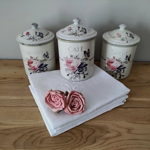 Serie von 3 Japy Kamintöpfen / Vintage emaillierte Blech Gewürztöpfe / Japy Kamintöpfe alte Rosa / antike französische Emaille