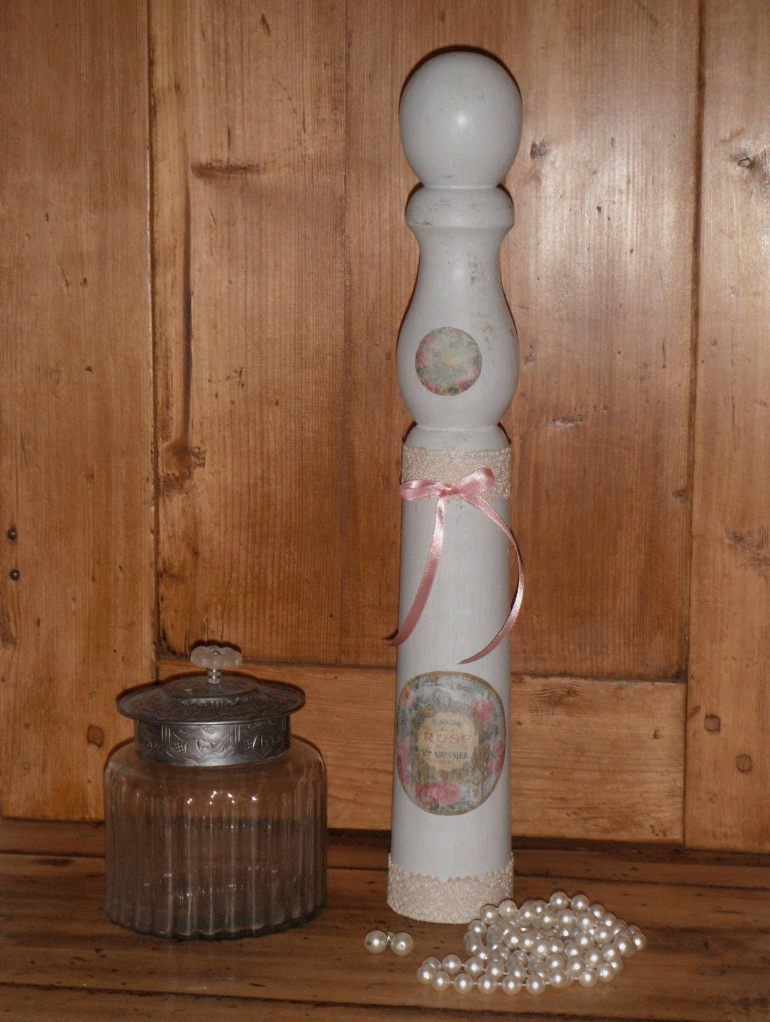 Ancienne Quille en Bois Patinée et Décorée Style Shabby Chic/Jouet Ancien