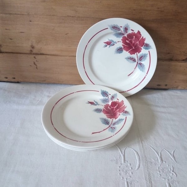 Lot de 4 assiettes plates vintage / assiettes anciennes Le Moulin des Loups / vaisselle vintage française / cuisine campagne chic