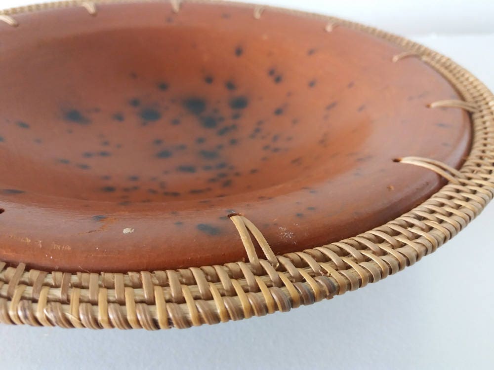 Earthenware Ceramic Bowl With a Wicker Rim Sasak Pottery Etsy