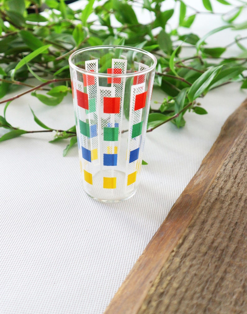 MCM Colorful Geometric Pattern Tumbler, Drinking Glass, 60s, 70s, Drinking Glass, Mid Century
