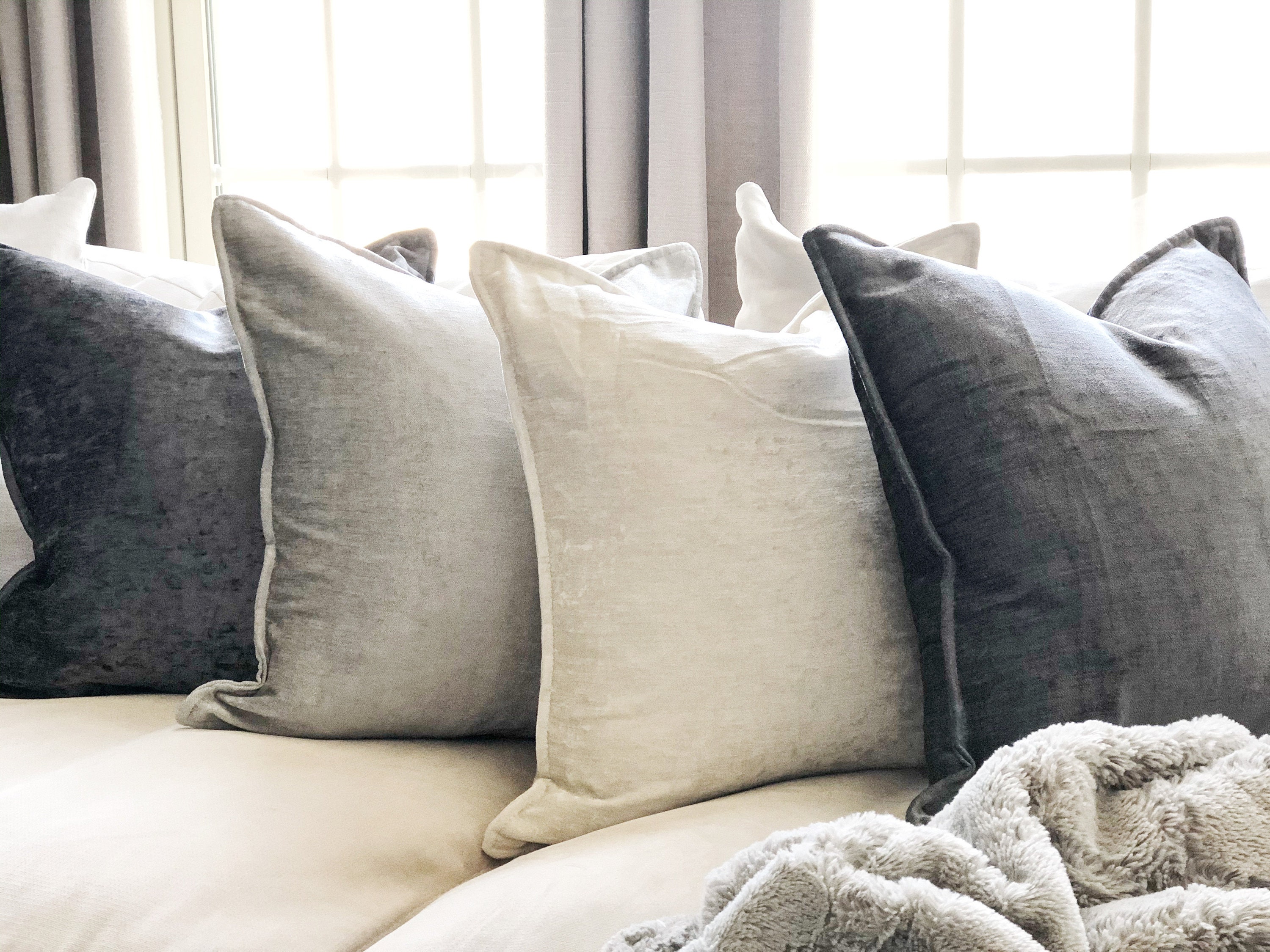 Decorative Crushed Velvet Throw Pillow Covers Set of 2 Cream silver gray Etsy Canada